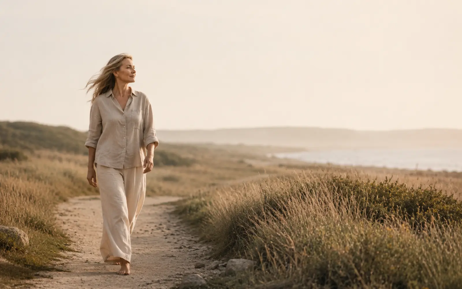 Kvinde går på en sti gennem klitter ved havet